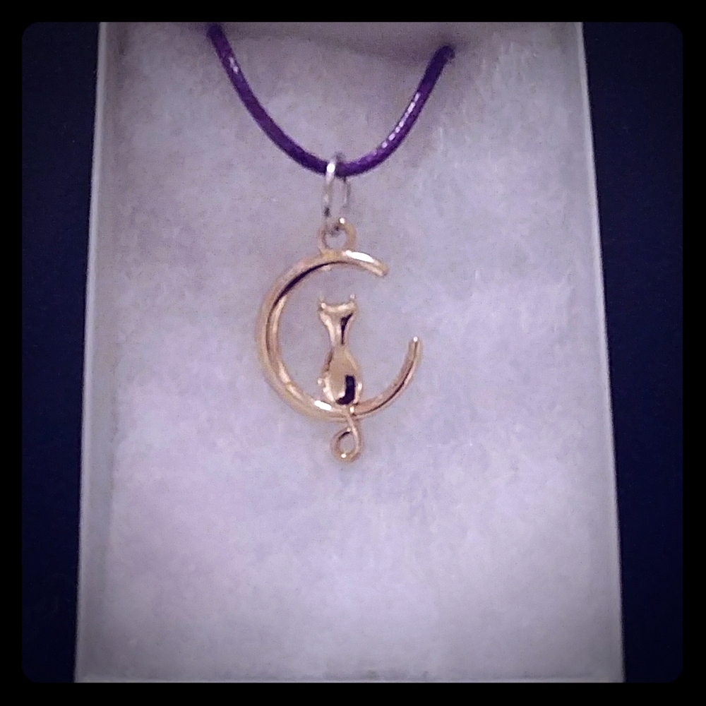 Gold Cat In Moon Necklace